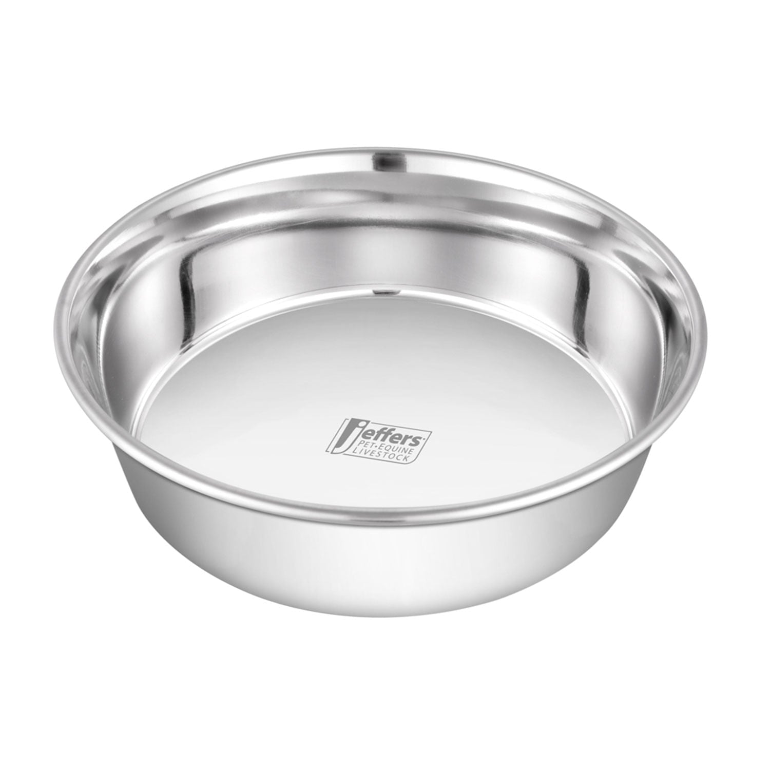 Stainless steel pet bowl with polished rim and round interior, front view.