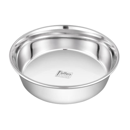 Stainless steel pet bowl with polished rim and round interior, front view.