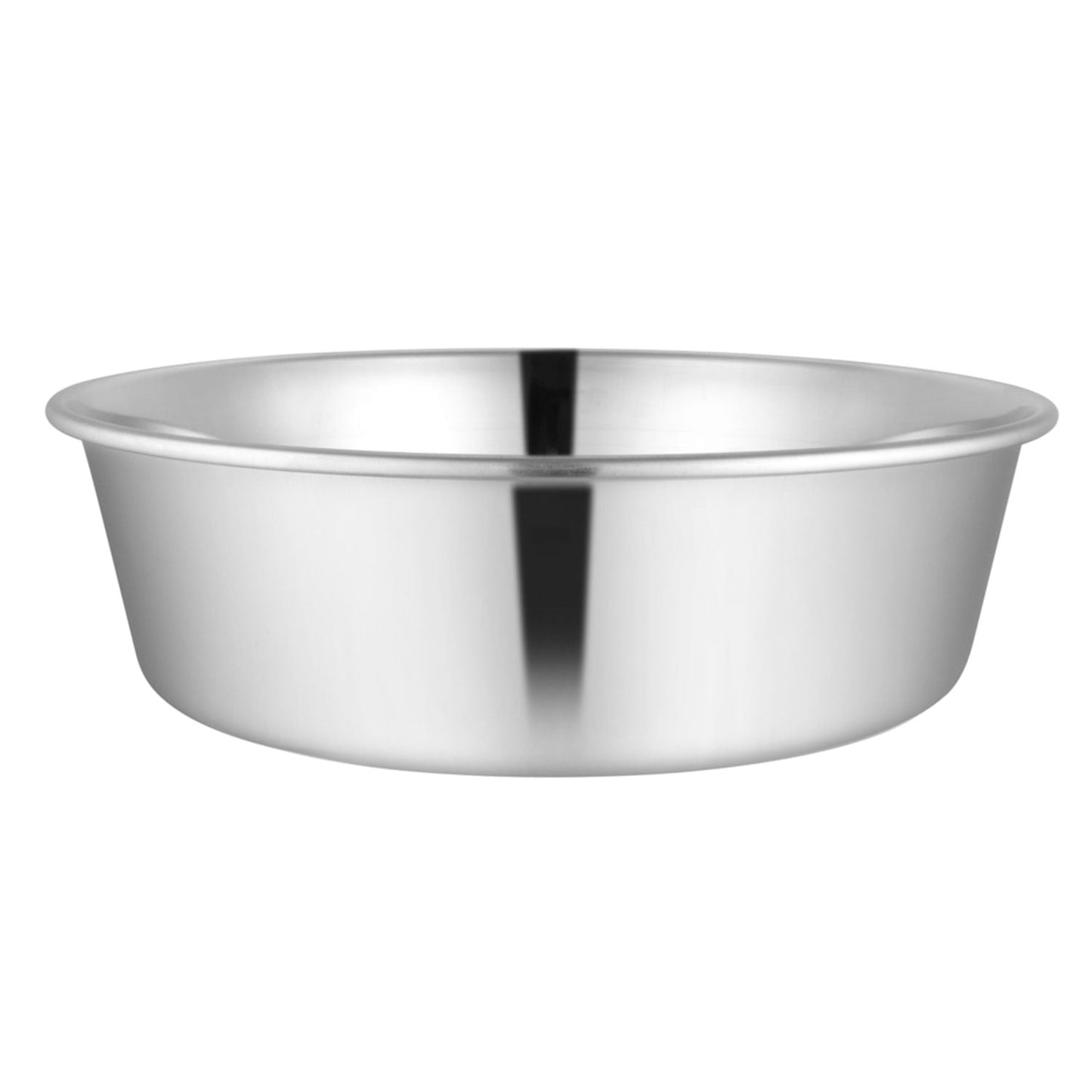 Stainless steel pet bowl front view with reflective polished sides and rim.
