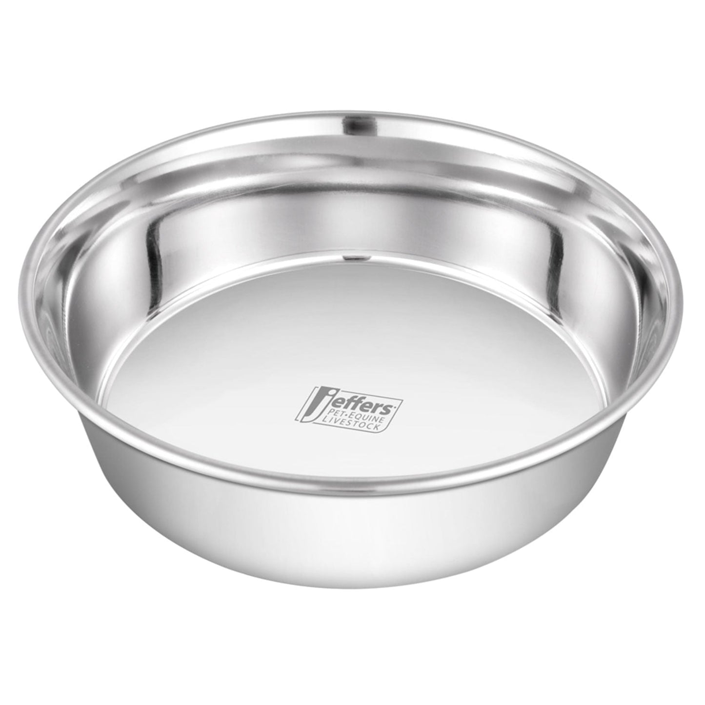 Stainless steel pet bowl with polished interior and center logo, front view.