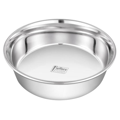 Stainless steel pet bowl with polished interior and center logo, front view.
