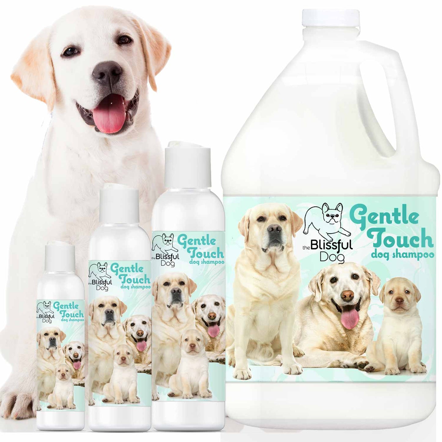 Set of dog shampoo bottles with front labels, including one large bottle