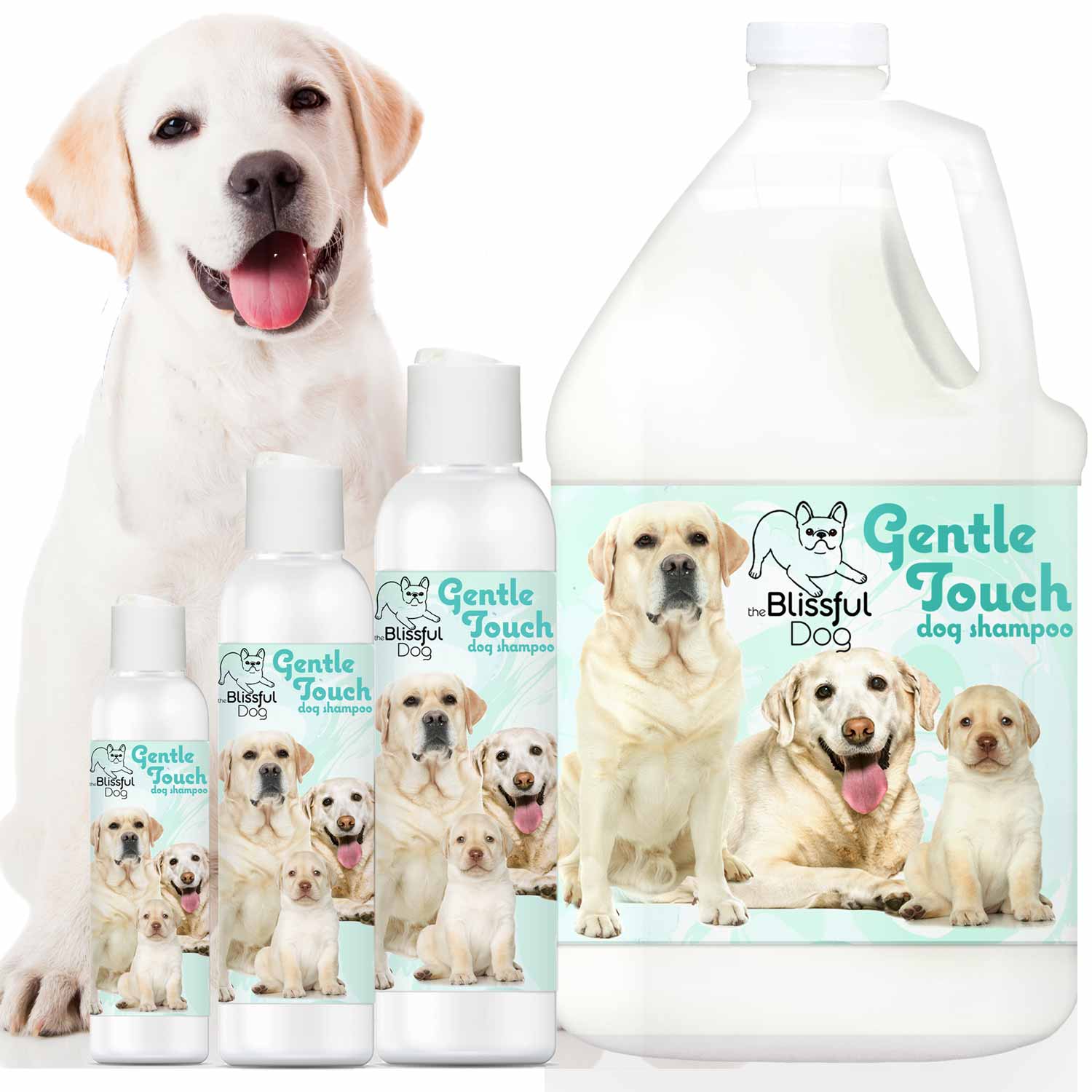Set of dog shampoo bottles with front labels, including one large bottle