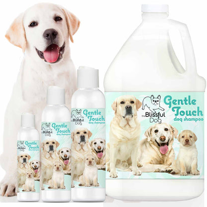 Set of dog shampoo bottles with front labels, including one large bottle
