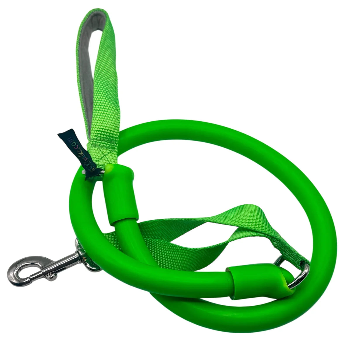 Bright green no-pull dog leash with green nylon webbing and metal hook clips.