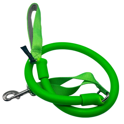 Bright green no-pull dog leash with green nylon webbing and metal hook clips.