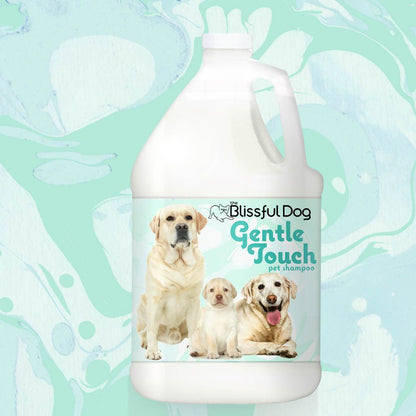 Dog shampoo bottle with molded handle and front label featuring puppy graphics