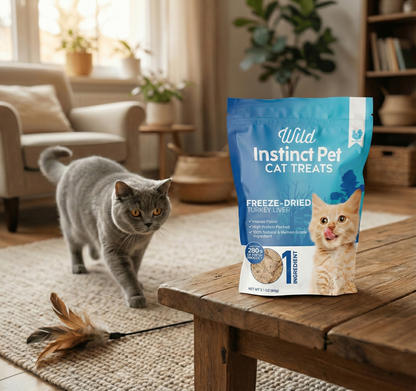 Freeze-dried turkey liver cat treats pouch on wooden table, Wild Instinct Pet