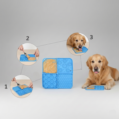 Blue silicone slow feeder lick mat with textured compartments, shown with dogs