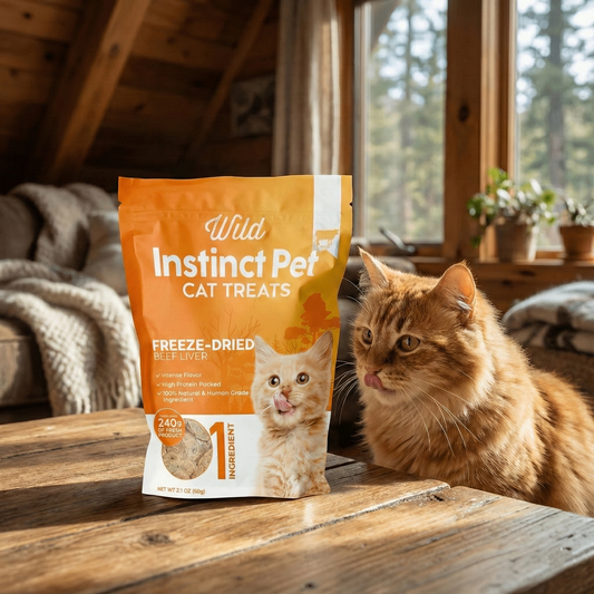 Orange Wild Instinct Pet cat treats pouch—freeze-dried beef liver, standing