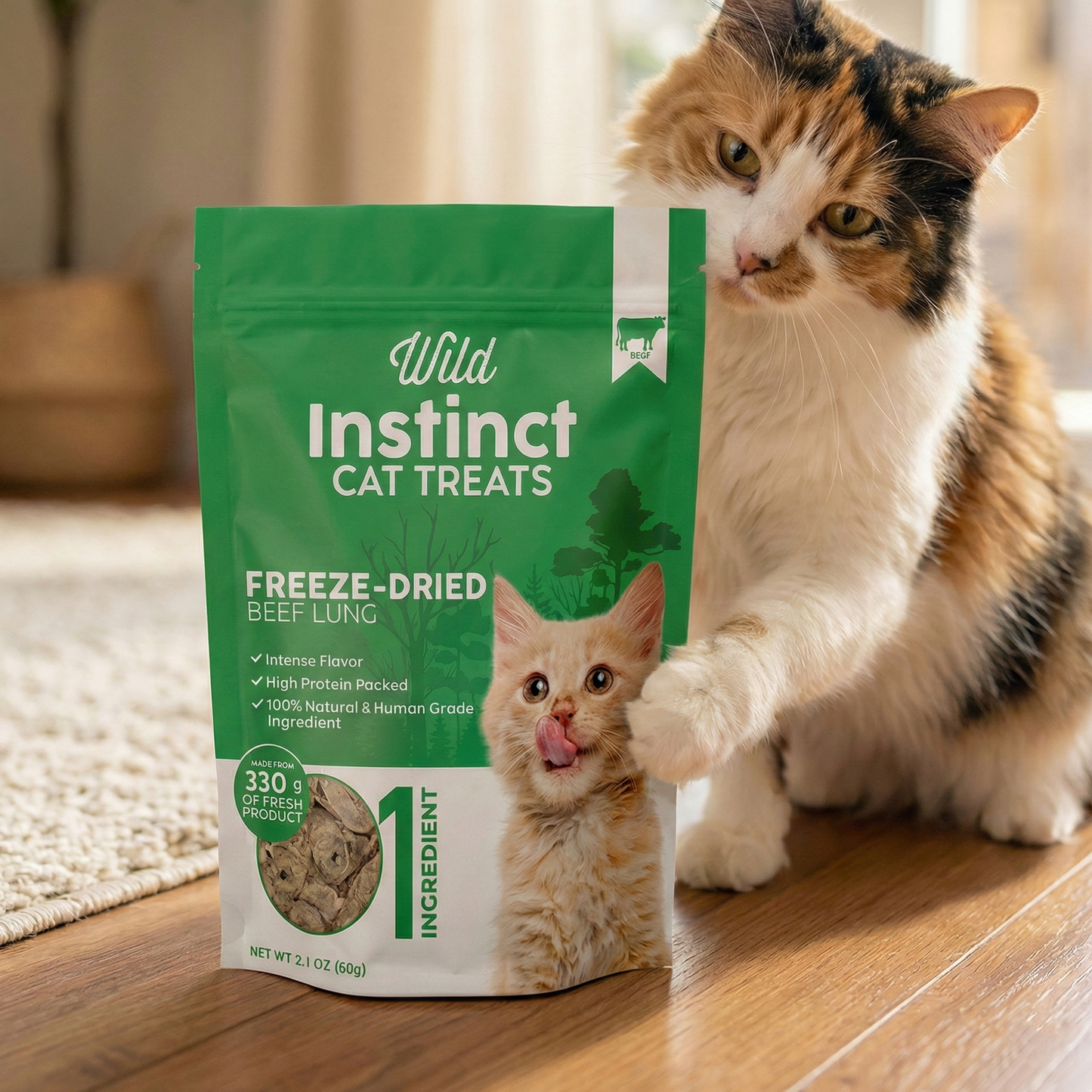 Green freeze-dried beef lung cat treat pouch on wooden floor with front branding