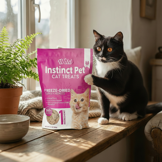 Freeze-dried turkey hearts cat treats pouch with black-and-white cat beside it