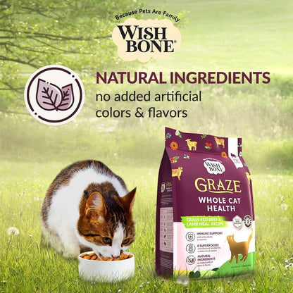 Wishbone Graze cat food bag with cat eating from bowl in natural ingredients scene