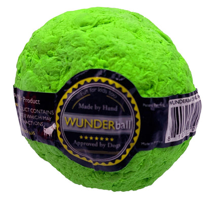 Green textured fetch ball with a branded label band