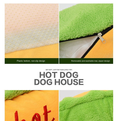 Hot dog-shaped pet bed fabric panels with green fleece edge and visible zipper seam.