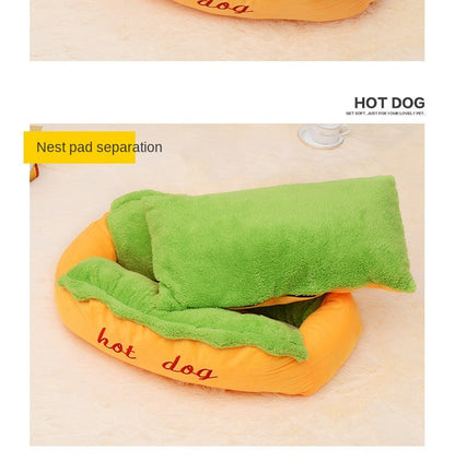 Hot dog-shaped pet bed nest pad separation, orange base with two green plush layers.