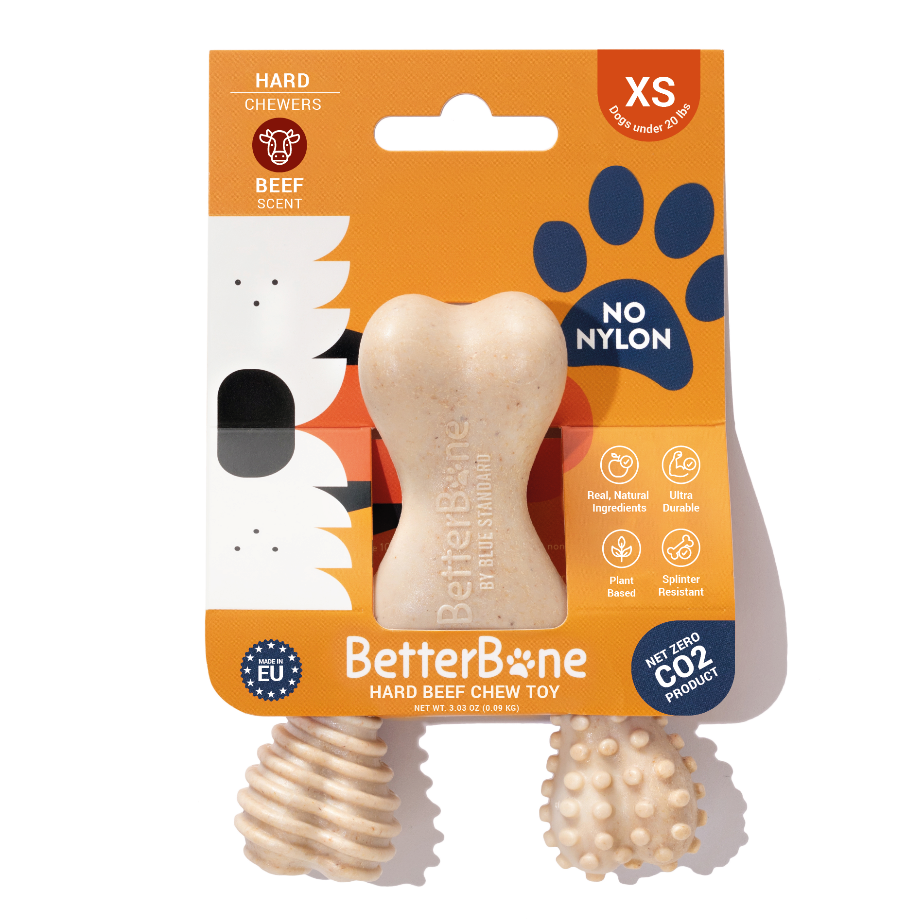 BetterBone hard beef chew toy for small dogs, plant-based, durable, no nylon, XS size