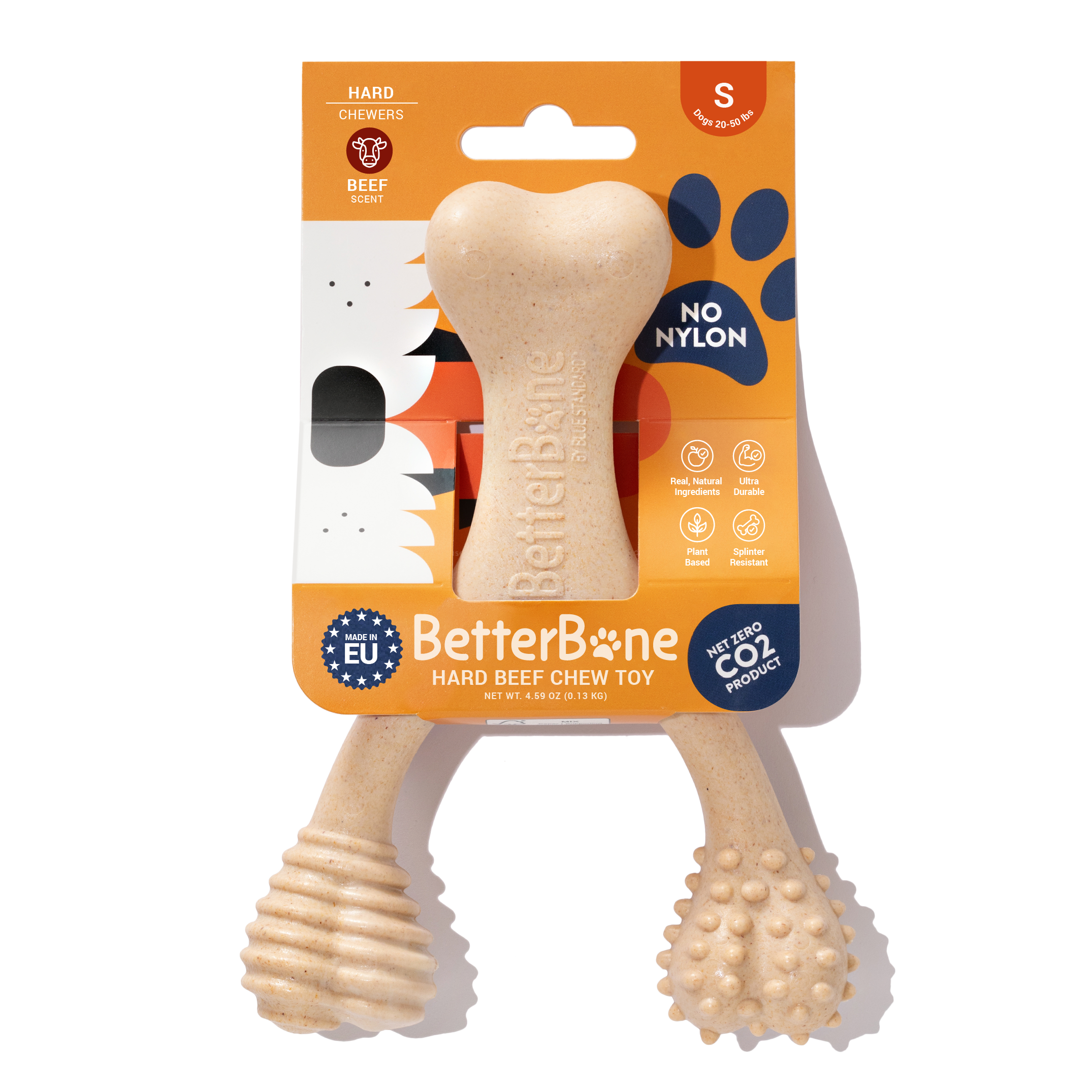 BetterBone hard beef chew toy for dogs, plant-based, nylon-free, durable bone-shaped chewer with textured ends