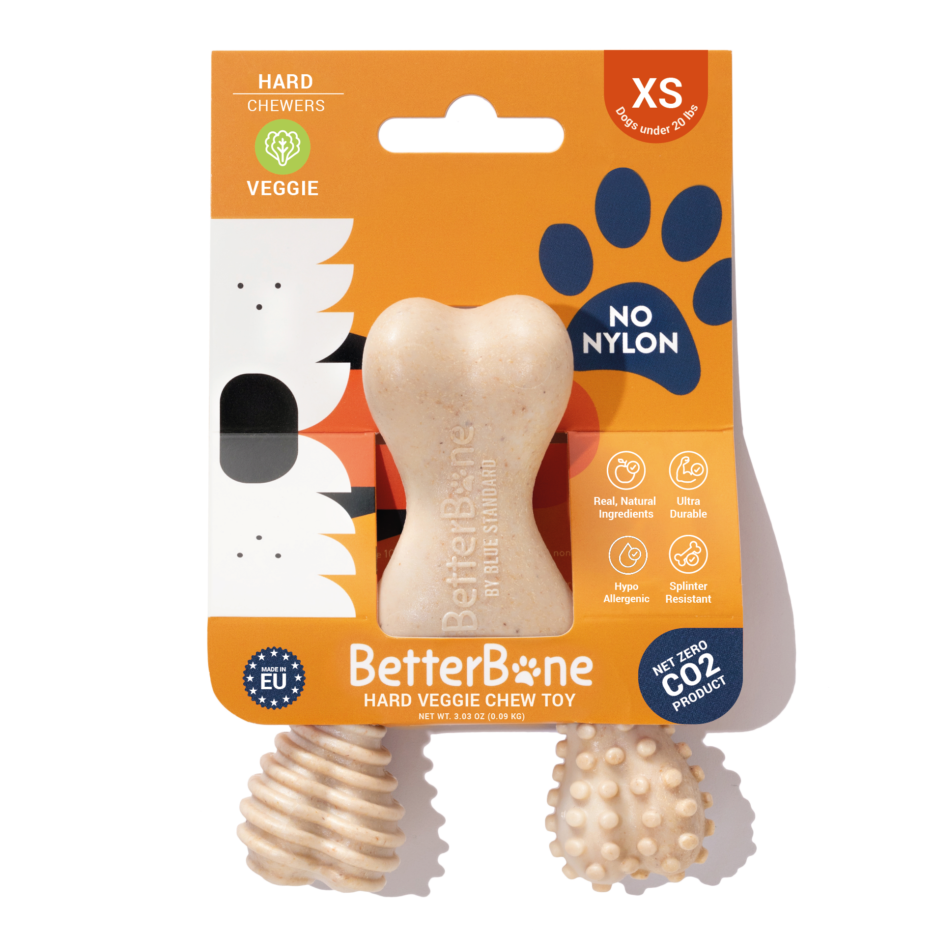 BetterBone hard veggie chew toy for small dogs, natural ingredients, no nylon, ultra durable