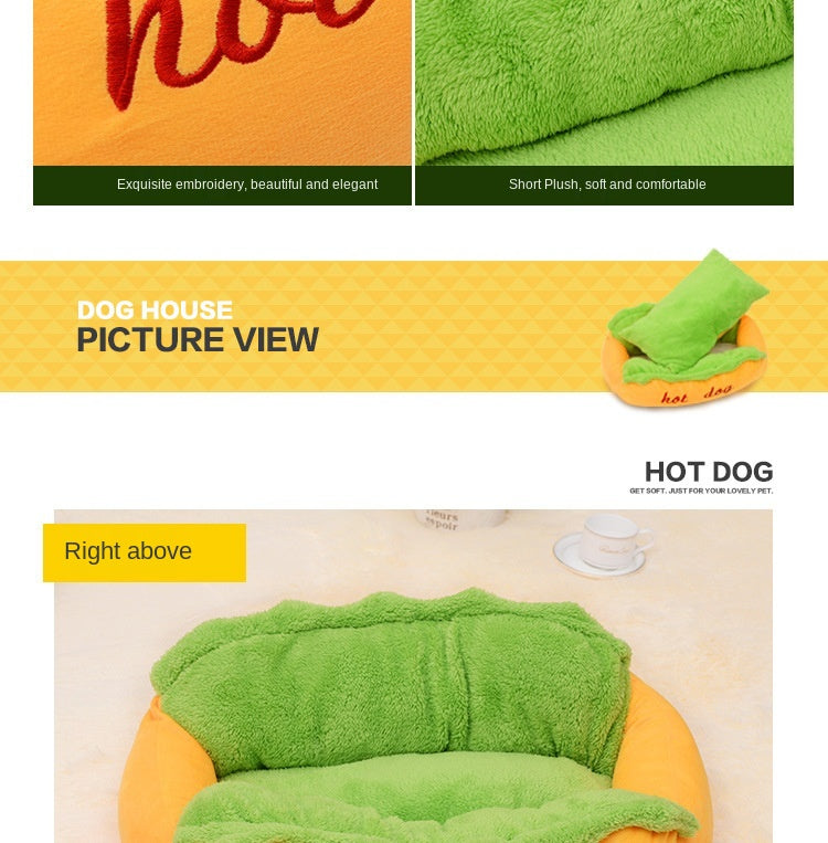Hot dog-shaped pet bed top view, green cushioned insert on orange base with red stitching.