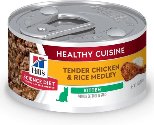 Hill's Science Diet Kitten Healthy Cuisine Tender Chicken & Rice Medley cat food in sauce