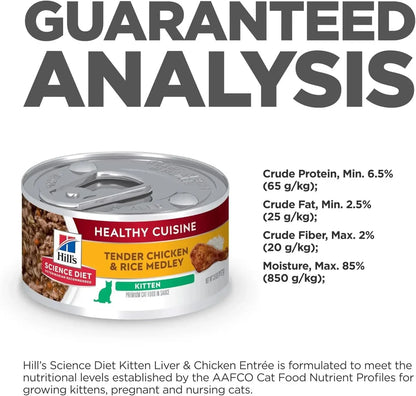 Hill's Science Diet Kitten Tender Chicken & Rice Medley wet cat food can with guaranteed analysis details