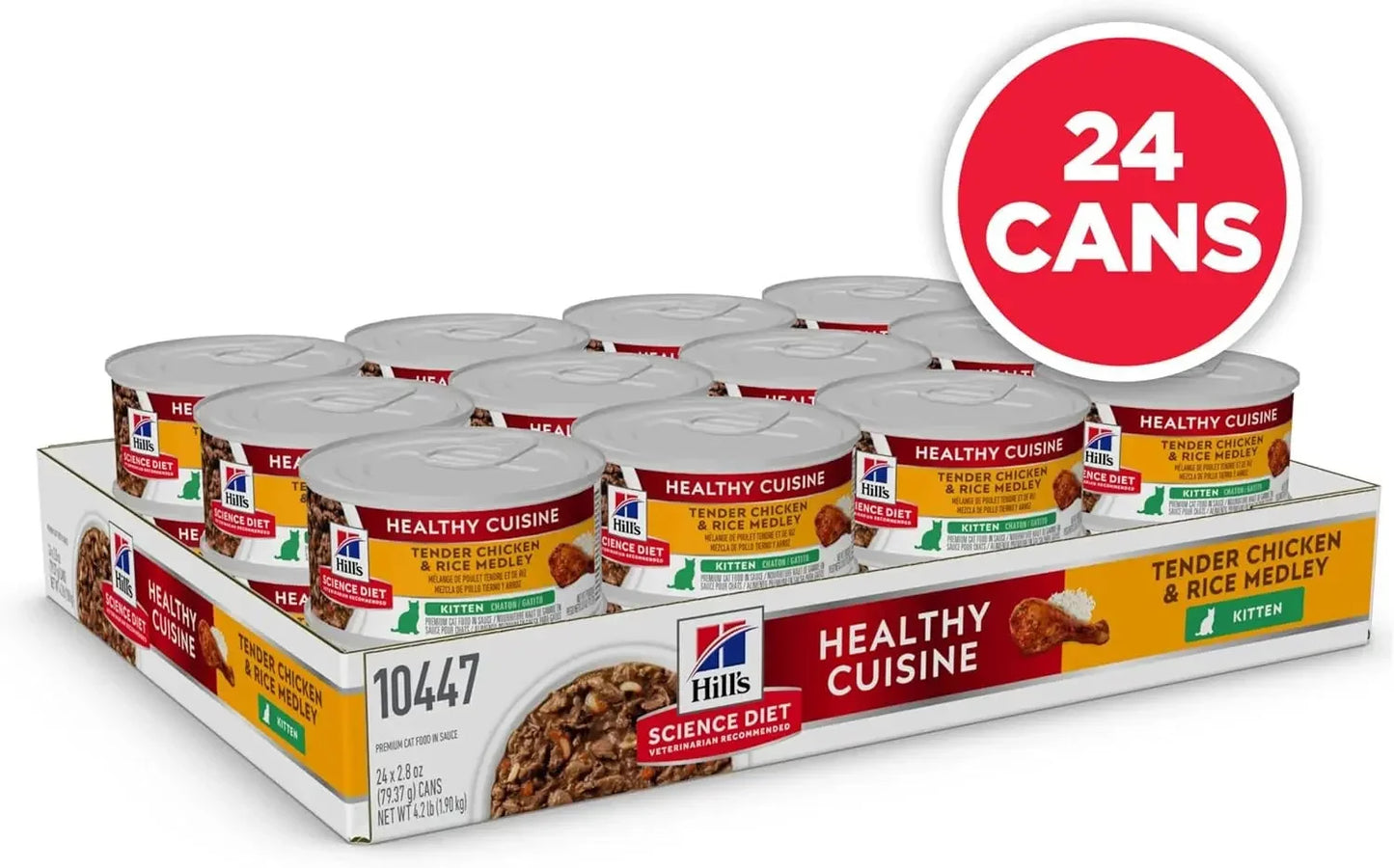 24 cans of Hill's Healthy Cuisine Tender Chicken & Rice Medley for kittens, premium cat food in sauce