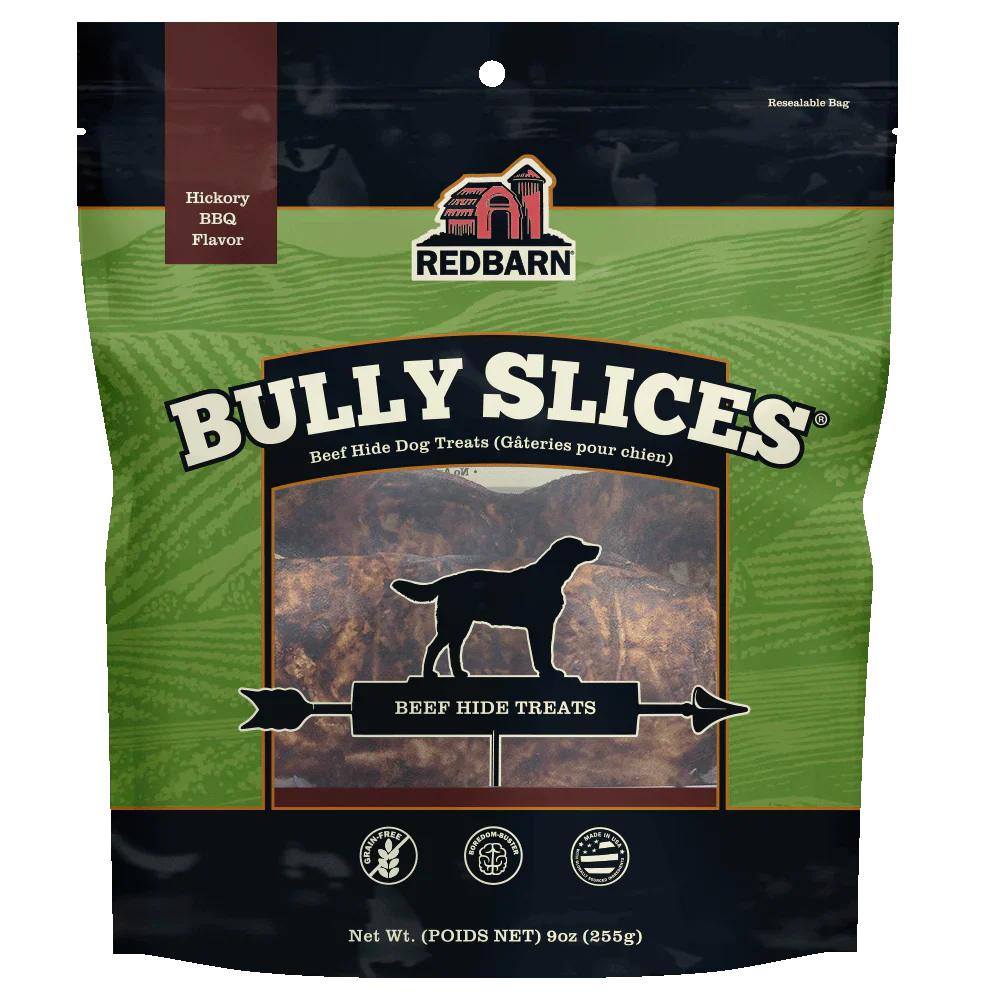Redbarn Bully Slices beef hide dog treats, hickory BBQ flavor, grain-free, 9 oz bag