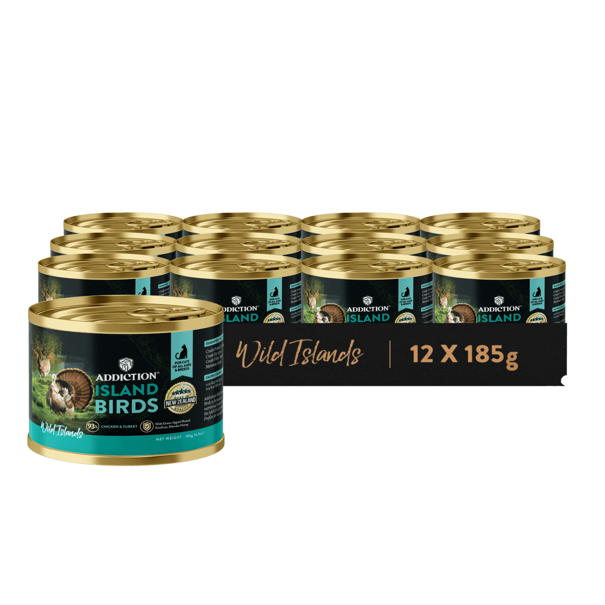 Set of Addiction Island Birds wet cat food cans, chicken and turkey, 12 x 185g
