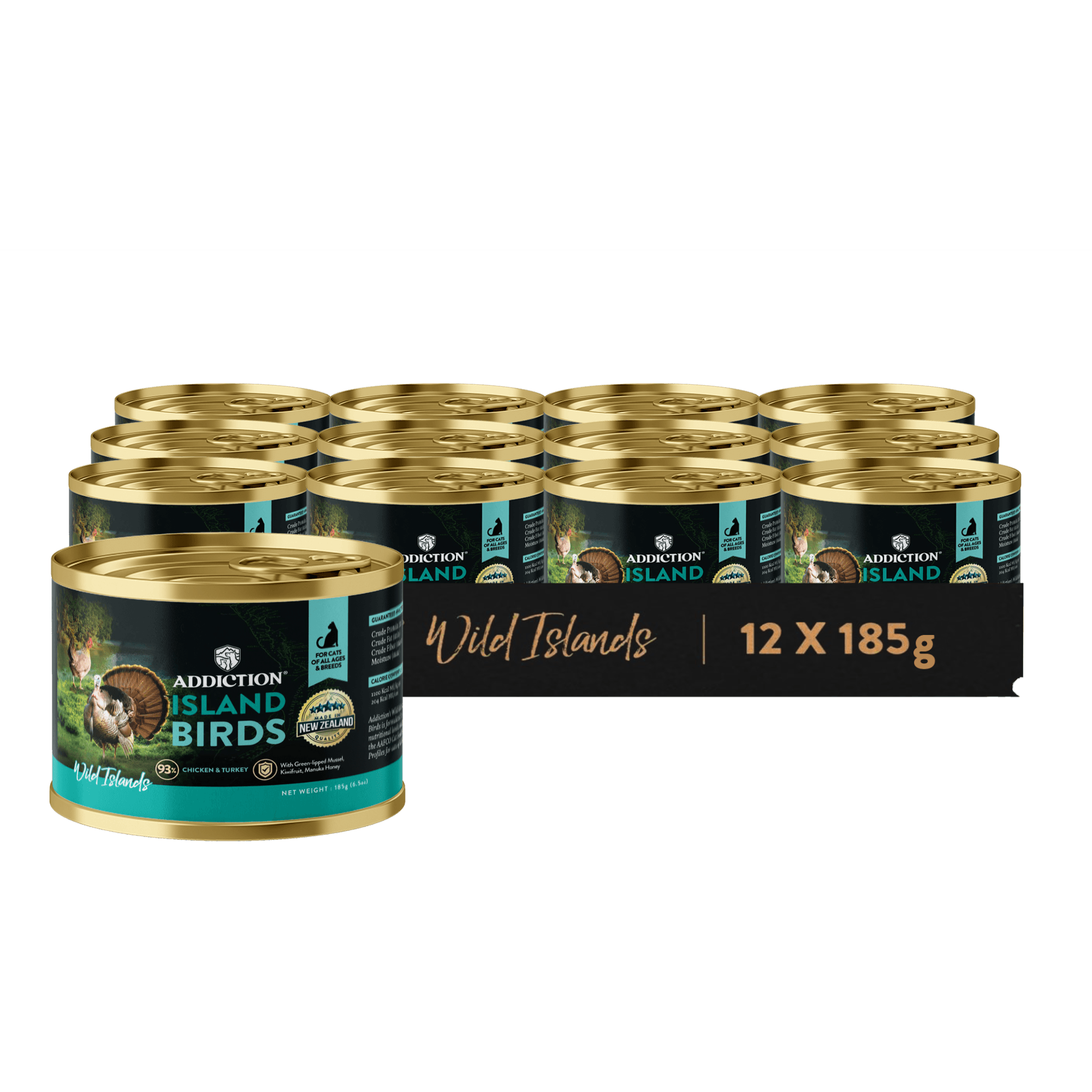 Set of Addiction Island Birds wet cat food cans, chicken and turkey, 12 x 185g