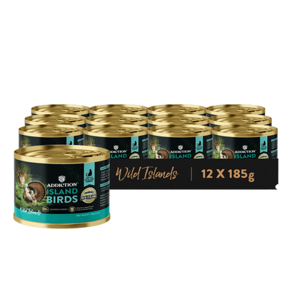 Set of Addiction Island Birds wet cat food cans, chicken and turkey, 12 x 185g
