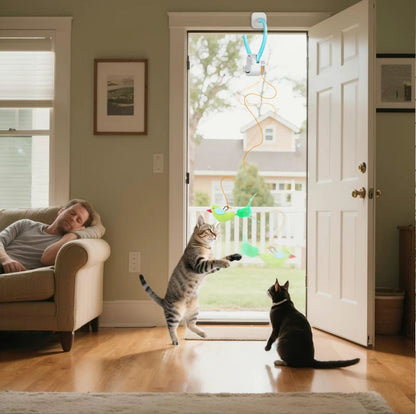 Interactive cat door toy with elastic rope and feather bird lure near open doorway