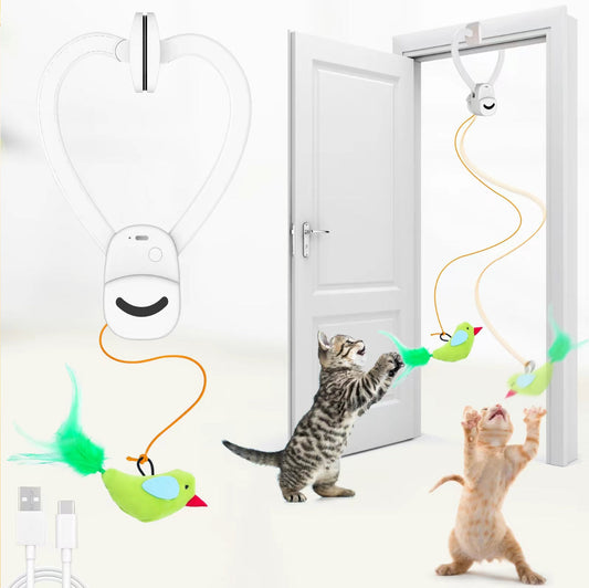 Blue heart-shaped interactive cat toy with bird feather lure for door mounting