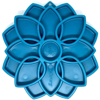 Blue Mandala slow feeder dog bowl with circular flower-style treat compartments