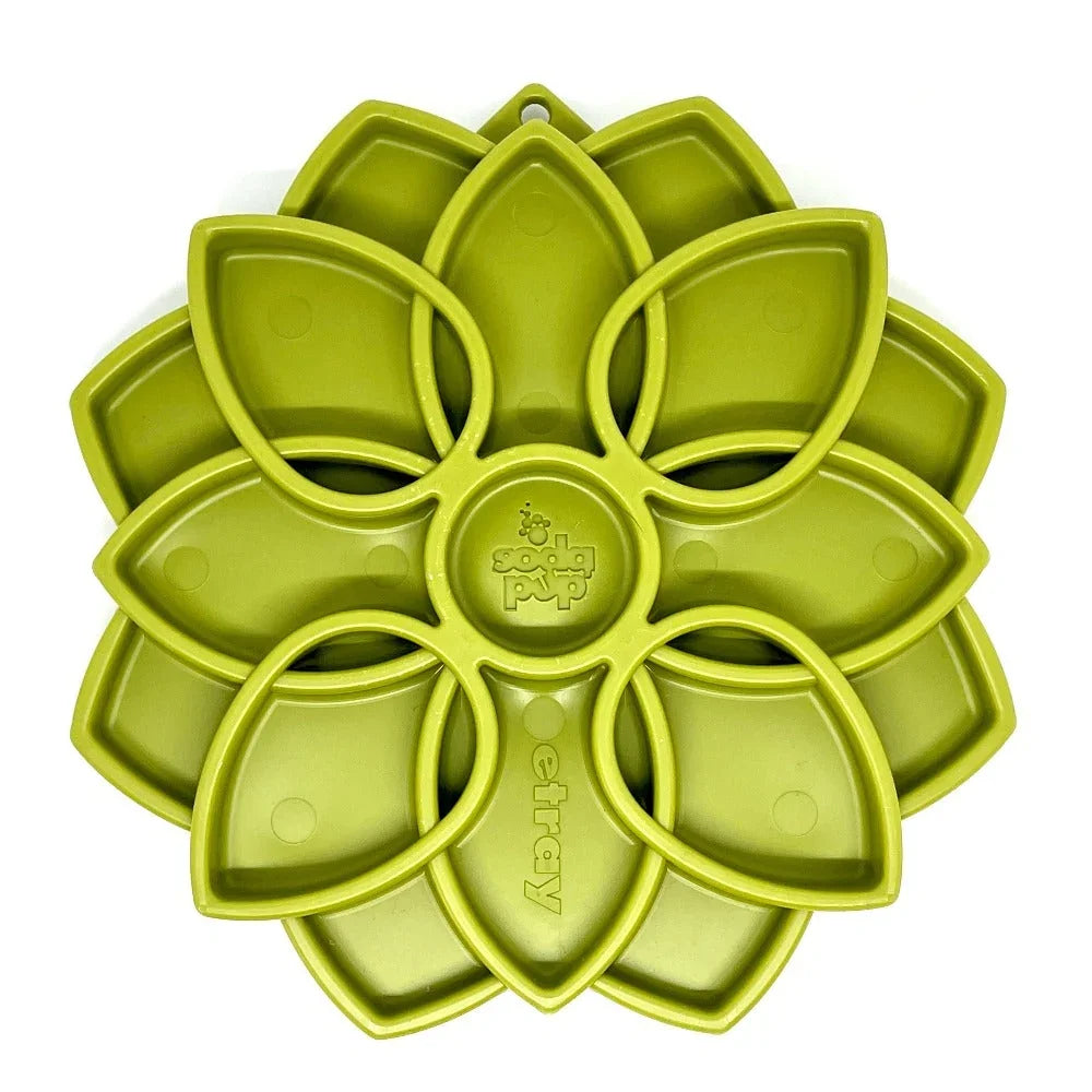Green Mandala slow feeder dog bowl with flower-shaped divided feeding pads