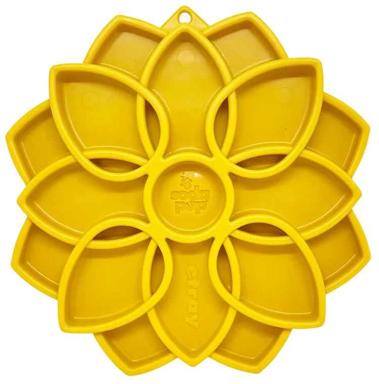 Yellow Mandala slow feeder dog bowl with flower-shaped ring compartments