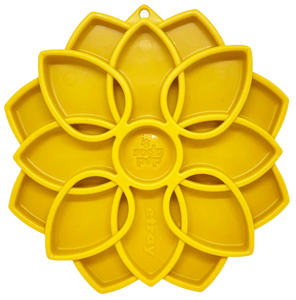 Yellow Mandala slow feeder dog bowl with flower-shaped ring compartments