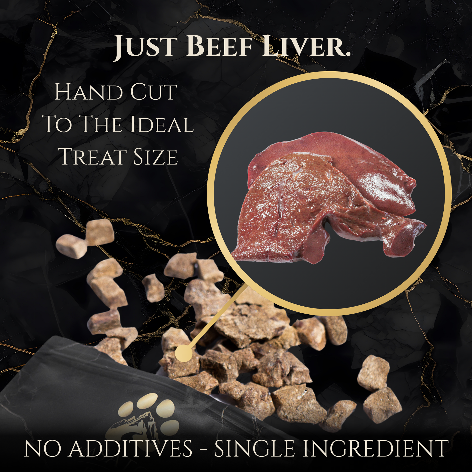 Freeze-dried beef liver dog treats marketing graphic with beef liver treat close-up