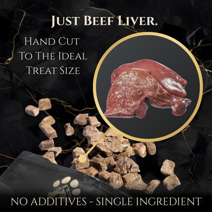 Freeze-dried beef liver dog treats marketing graphic with beef liver treat close-up