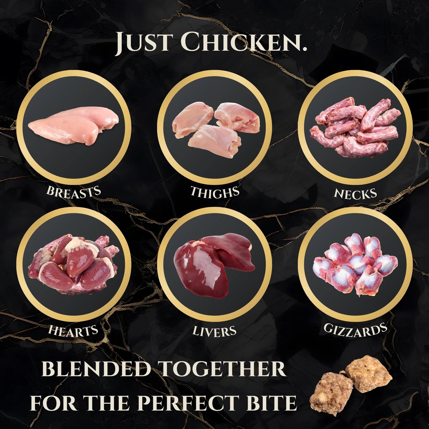 Freeze-dried chicken treats graphic showing blends of chicken breasts, thighs, necks, hearts