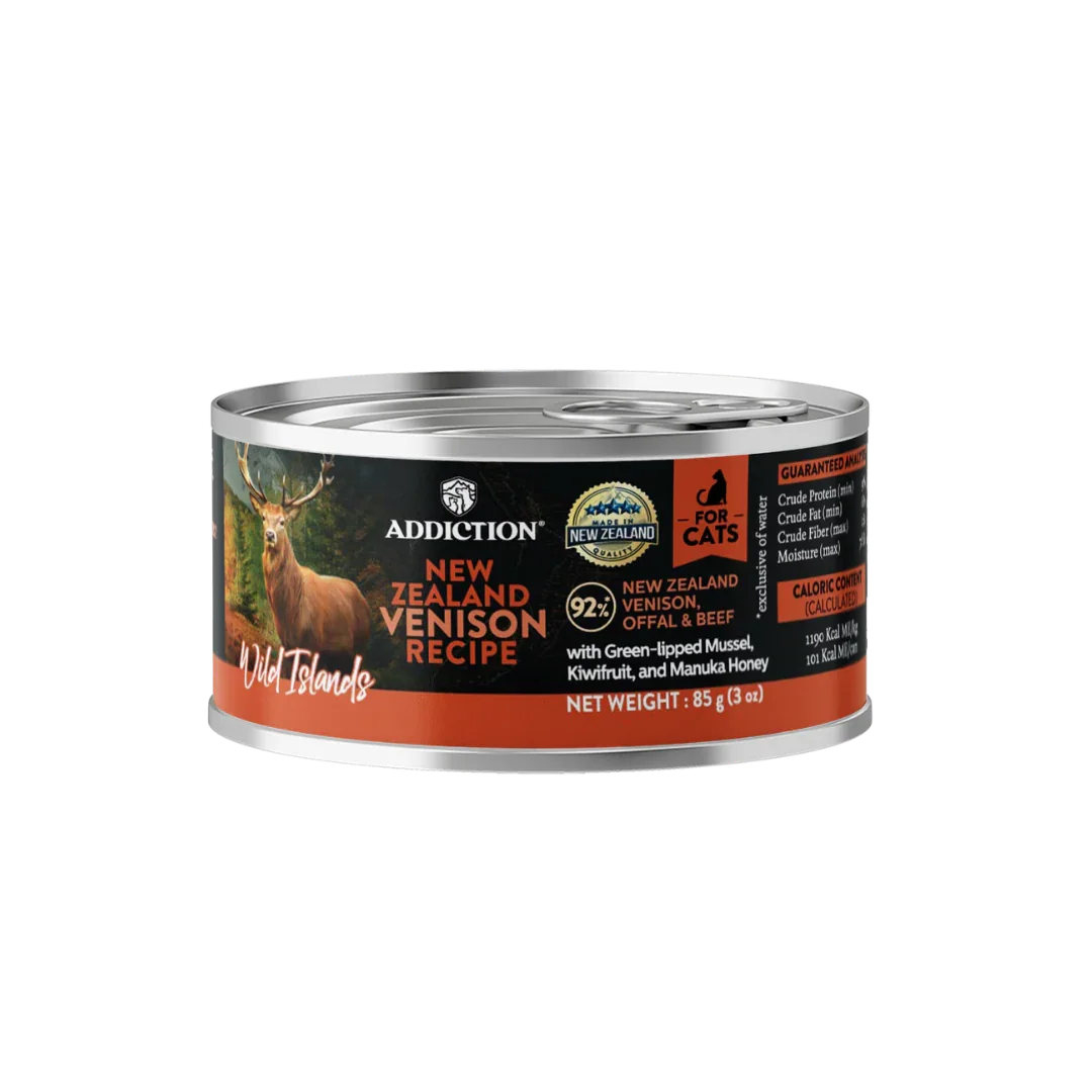 85 g cat food can with orange label, New Zealand venison recipe for cats