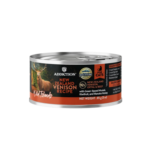 85 g cat food can with orange label, New Zealand venison recipe for cats