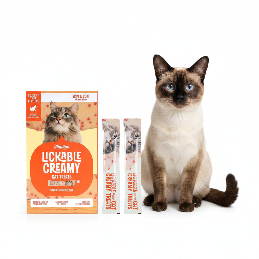 Lickable creamy cat treats, Skin & Coat salmon omega-3 squeeze pouches and box