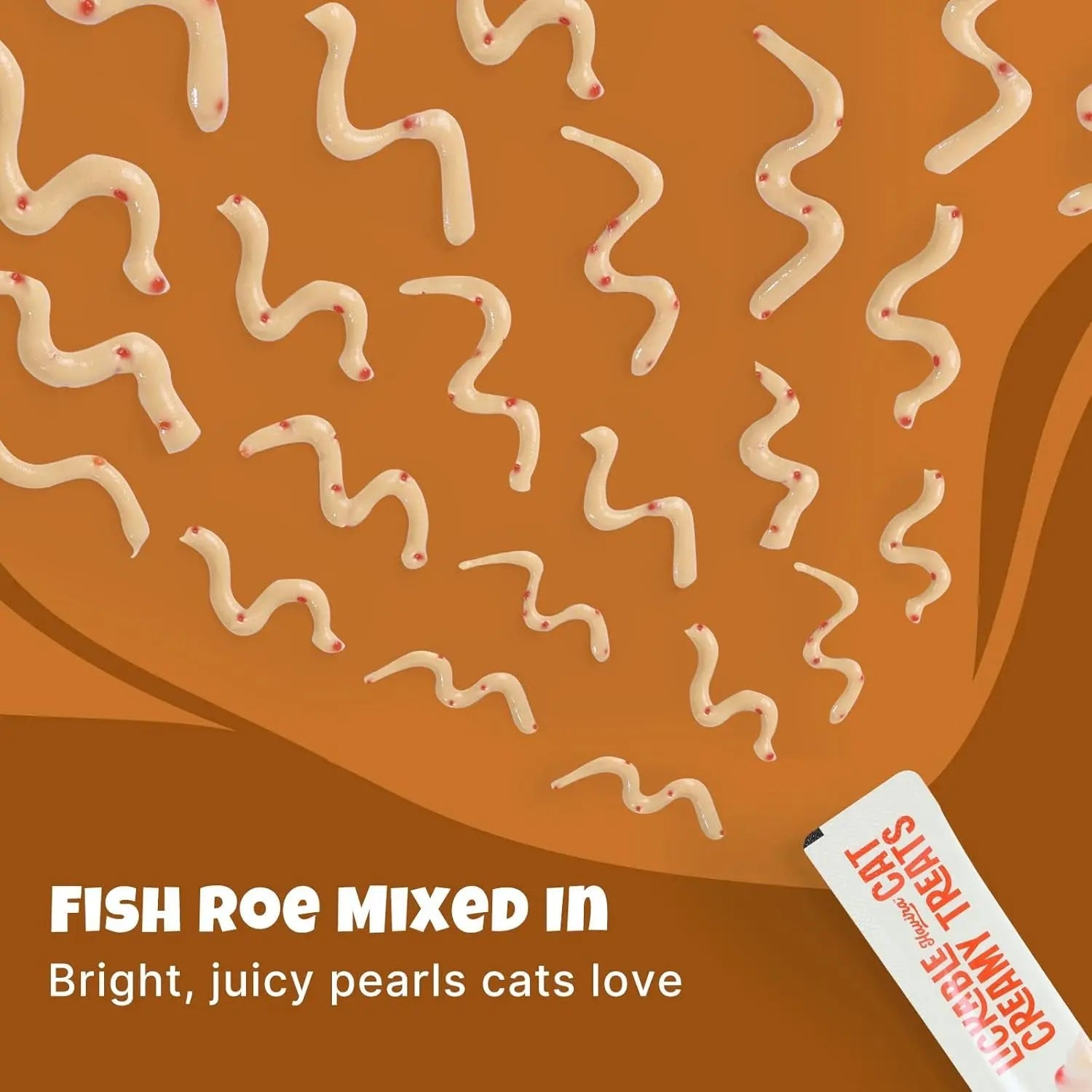 Cat lickable treat label: fish roe mixed in, bright juicy pearls text