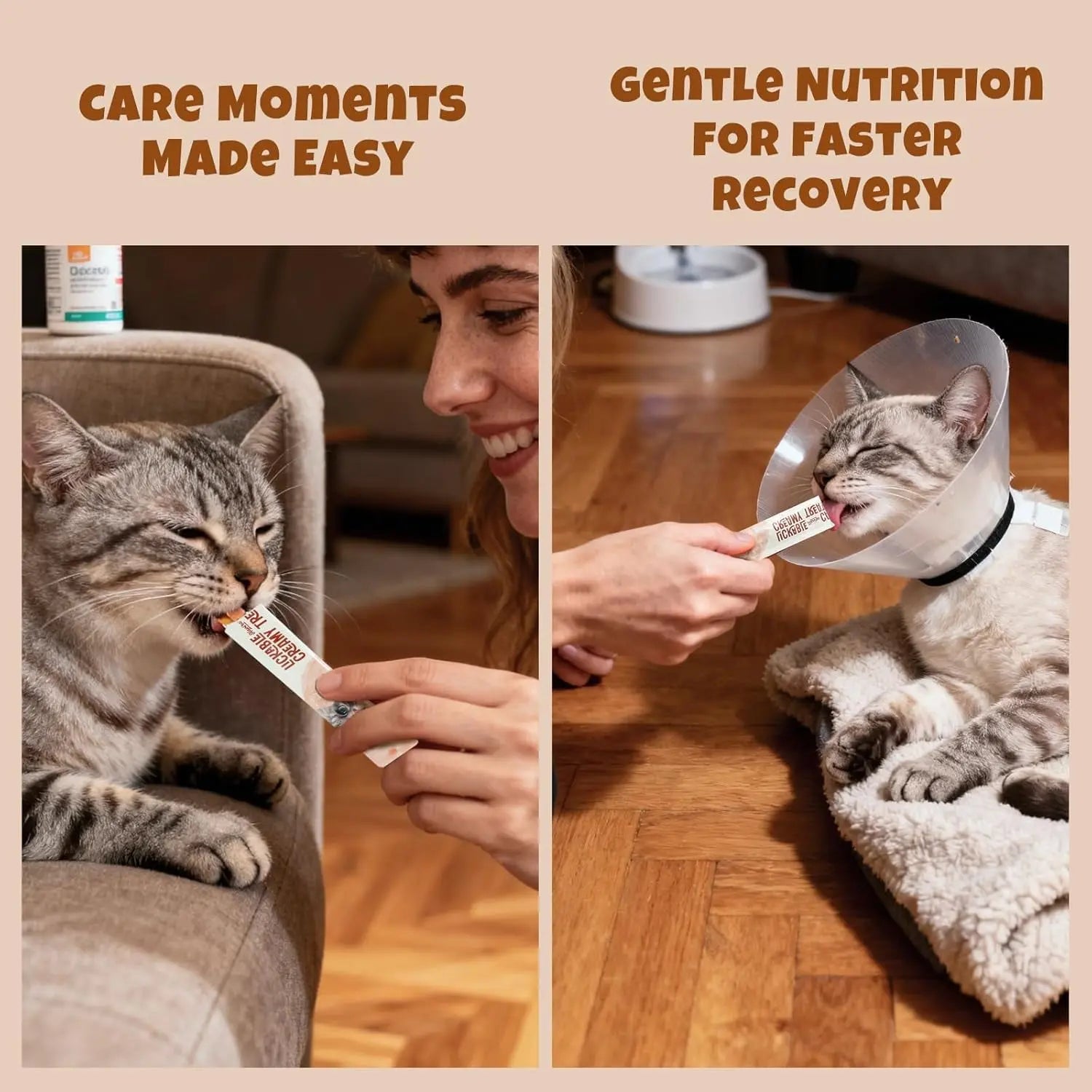 Grey tabby cat licking a lickable treat squeeze packet on a soft blanket