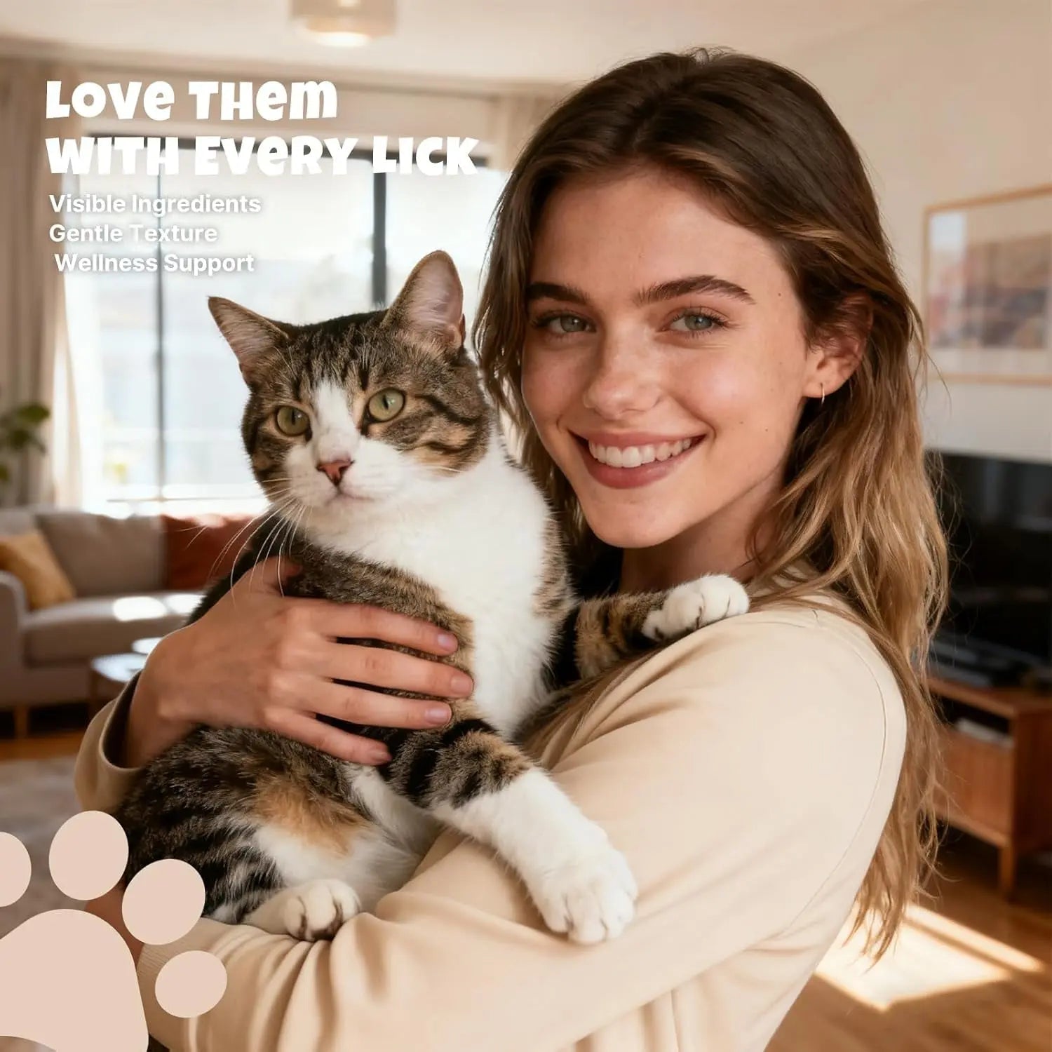 Lickable cat skin-coat treat: woman cuddling a tabby-and-white cat