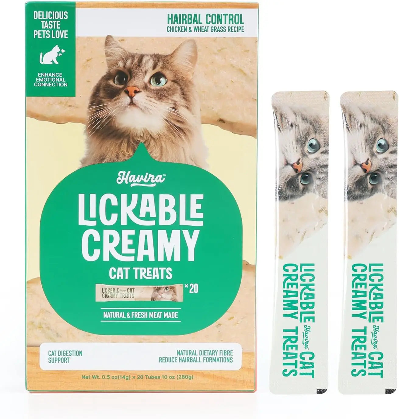Cat lickable creamy treat box with two salmon-flavored squeeze tubes