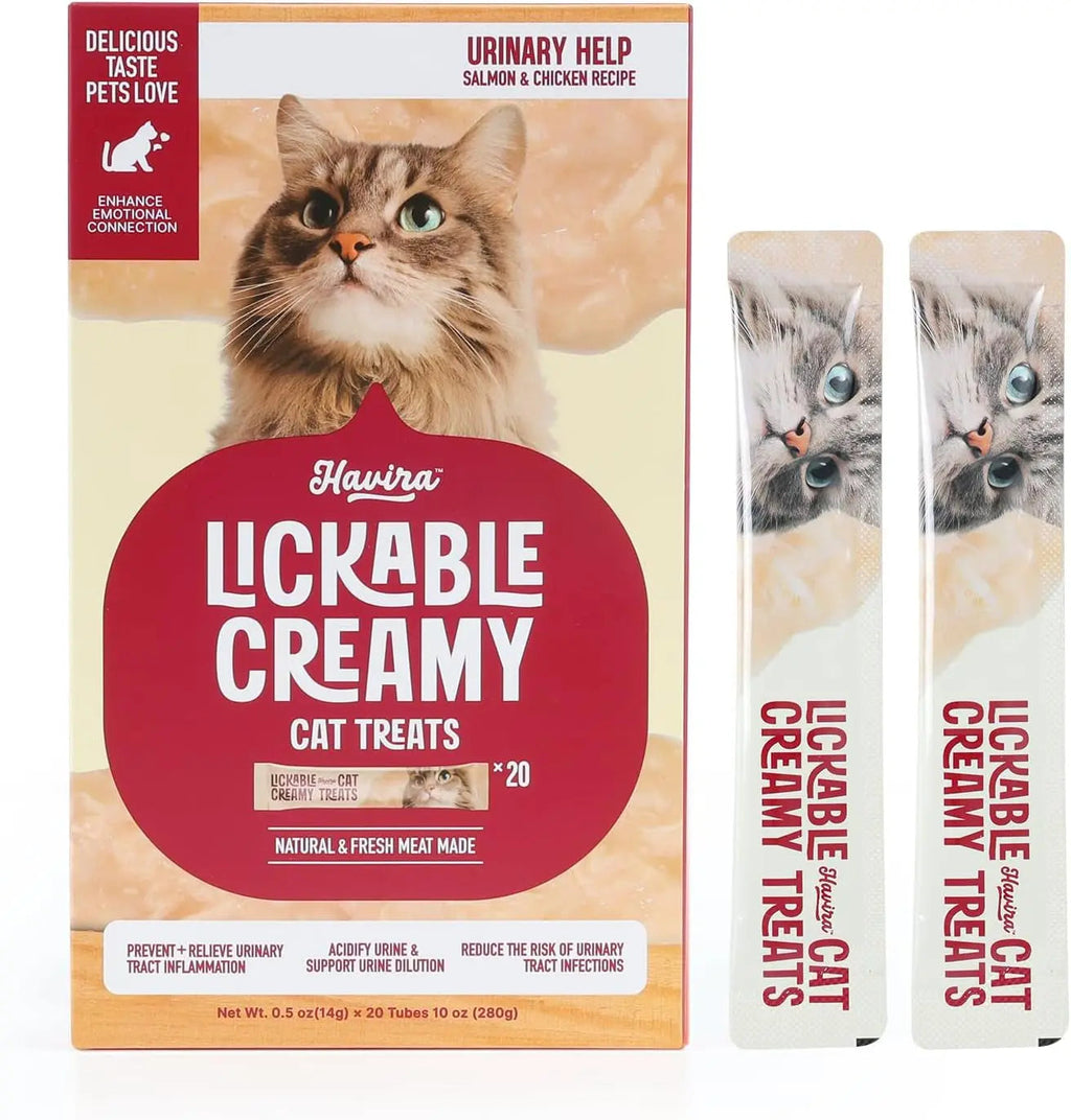 Cat lickable treat box with two salmon creamy squeeze packets
