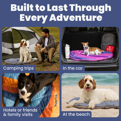 Striped travel dog bed in multiple travel setups, with foldable carry bag