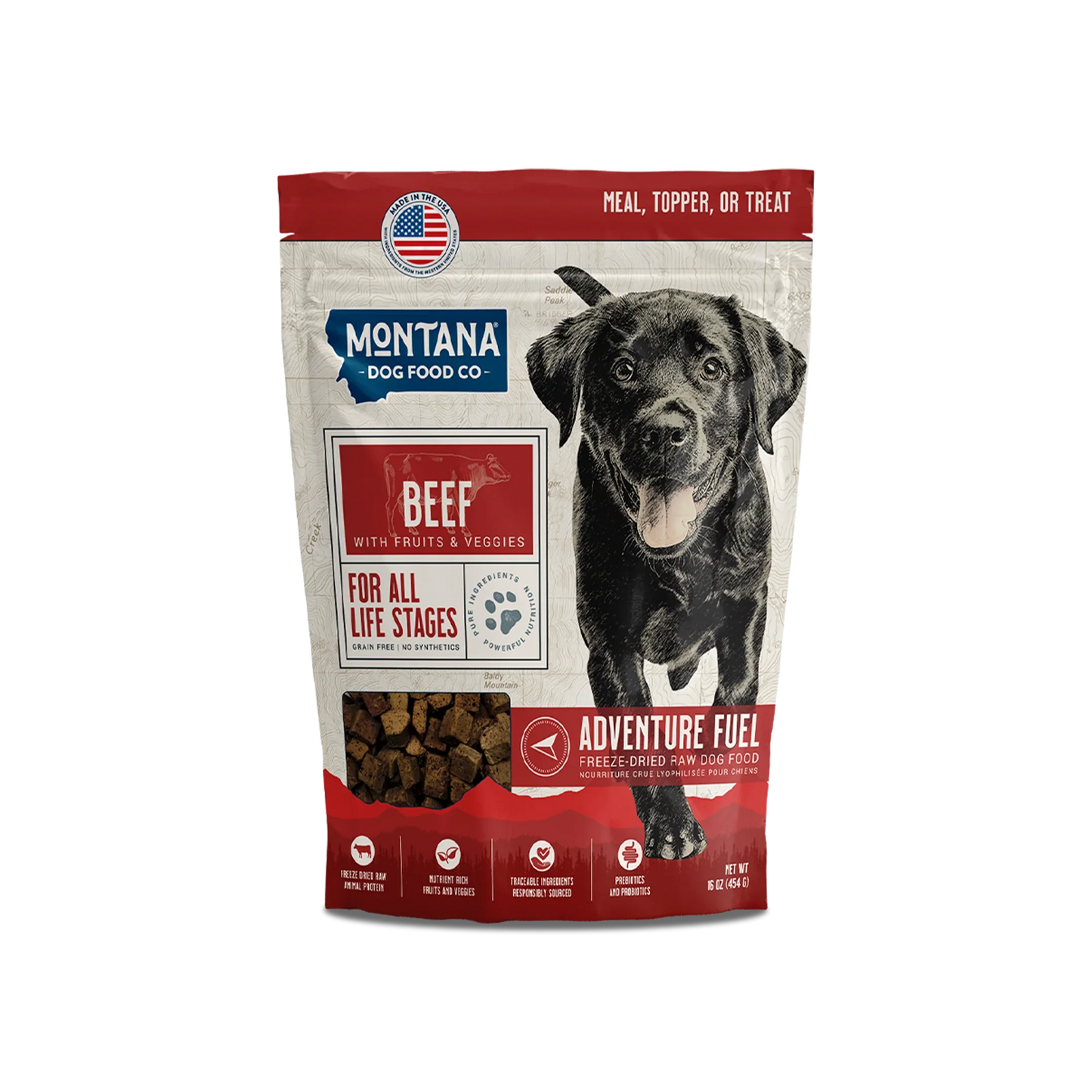 Freeze-dried raw dog food pouch with beef recipe, resealable bag design.